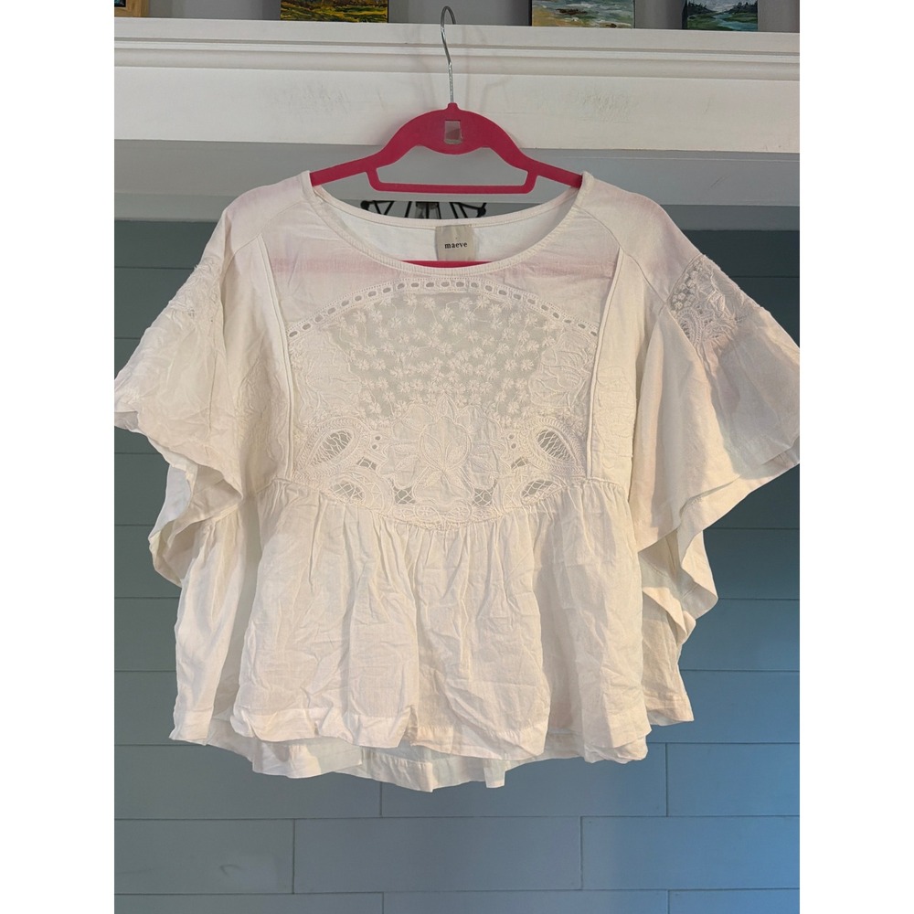 Maeve Anthropologie White Lace Eyelet Embroidered Flutter Sleeve Peplum Blouse L